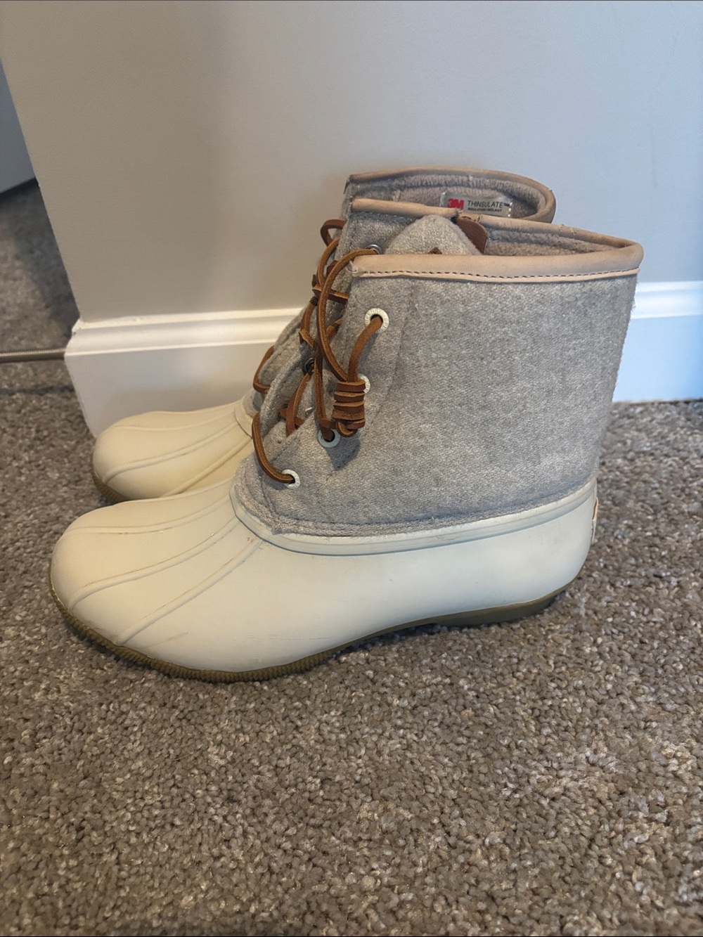 Sperry Cream and Light Gray Lace-Up Rain Duck Boots